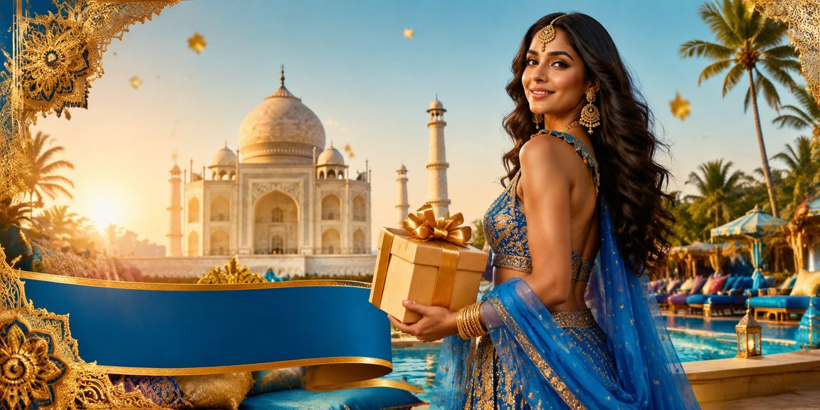 VIP bonus celebration scene in Agra with Taj Mahal background and festive mood