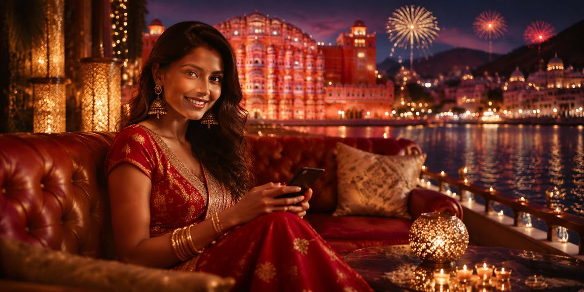 Jaipur Hawa Mahal during Diwali with vibrant sports betting signs